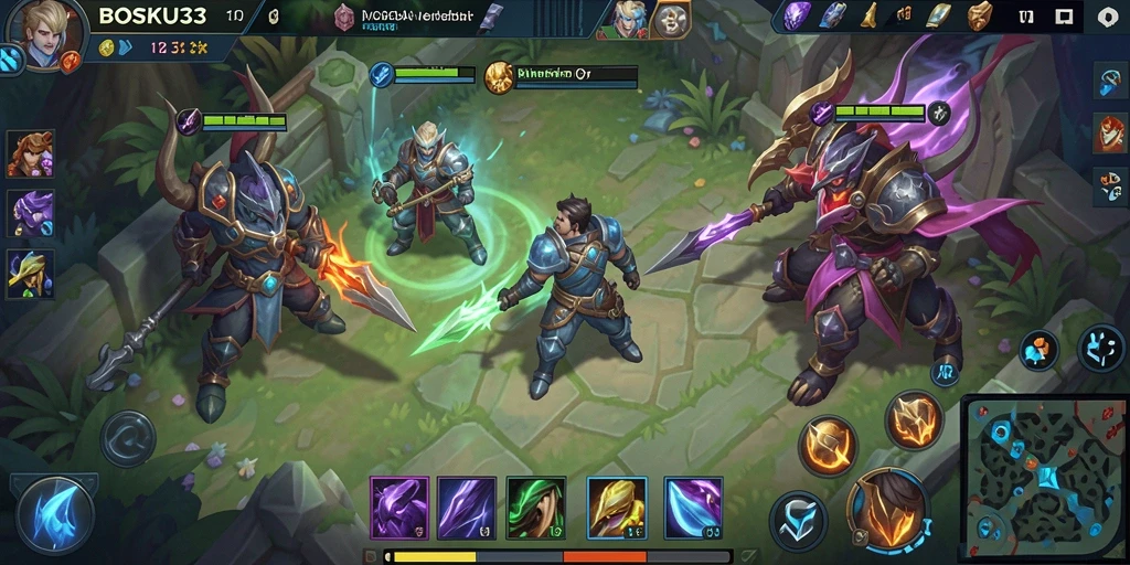 Screenshot gameplay MOBA dengan aksi pertarungan yang intens.