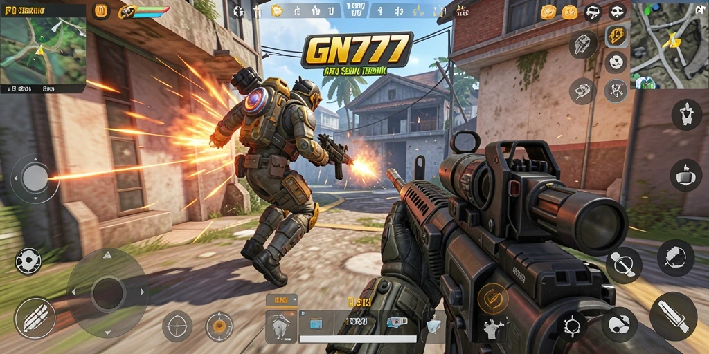 Screenshot gameplay seru dari GN777 menunjukkan aksi tembak-menembak intens.
