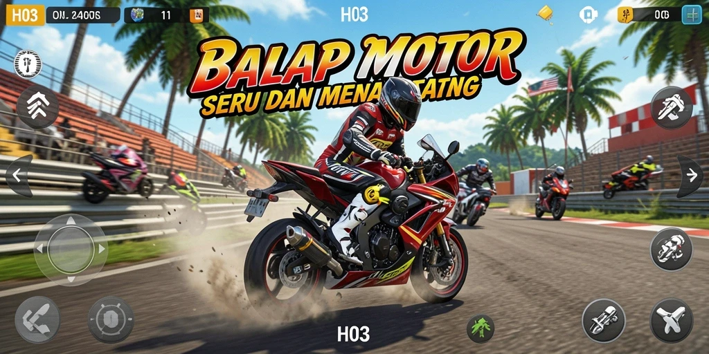 Tampilan gameplay H03 yang intens dan menegangkan saat balapan motor.