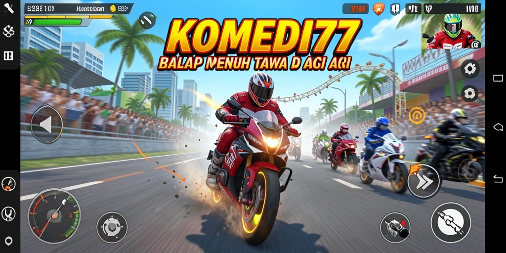 Screenshot gameplay KOMEDI77 dengan karakter lucu di trek balap.