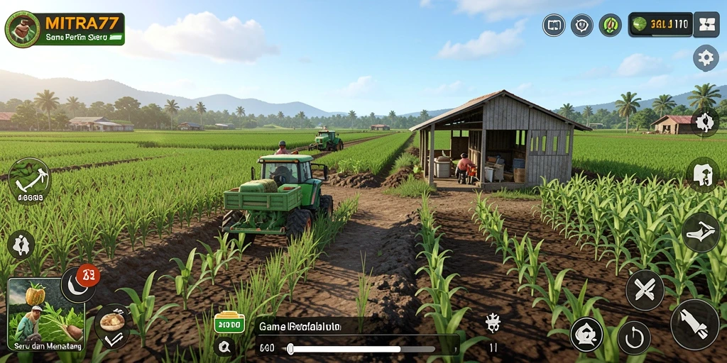 Screenshot MITRA77 menampilkan gameplay seru di kebun pertanian.